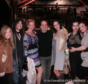 Jennifer Thal with her husband Guns N' Roses guitarist Bumblefoot, Penthouse Pet Victoria "Dr. Z" Zdrok, CALIGULA MAXIMUS director and co-writer Alfred Preisser, Penthouse Pet Ryan Keely and castmembers Lady Circus Troupe aerialist Anya, and Justine Joli at the closing night party of CALIGULA MAXIMUS at the Ellen Stewart Theatre on April 17, 2010. Photo by Lia Chang