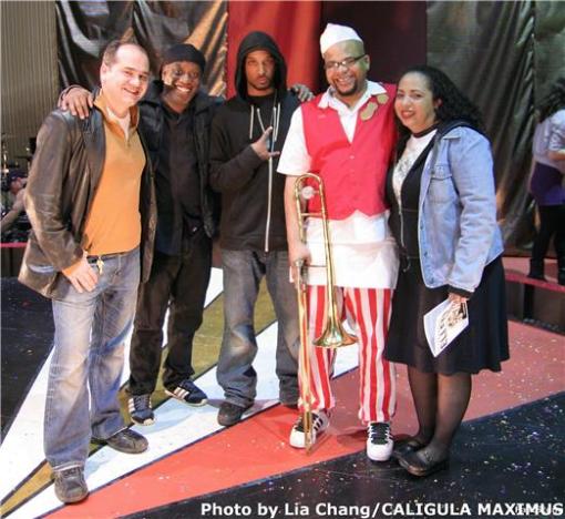 CALIGULA MAXIMUS director and co-playwright Alfred Preisser, Living Colour lead vocalist Corey Glover, Kareem Clarke, Luqman Brown and Yvonne Glover on the set of CALIGULA MAXIMUS at the Ellen Stewart Theatre on April 3, 2010. Photo by Lia Chang